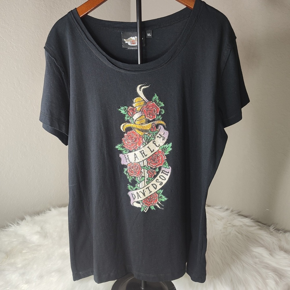 HARLEY DAVIDSON WOMENS T SHIRT RHINESTONE Y2K DETAILS MULI COLOR SZ XLARGE